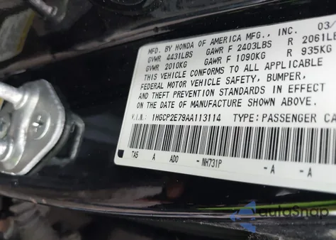 2010 Honda Accord 2.4 Ex из США, поврежденный, VIN 1HGCP2E79AA113114